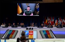 Tổng thống Ukraine Volodymyr Zelensky phát biểu qua video tại Hội nghị Thượng đỉnh NATO ngày 29/6.