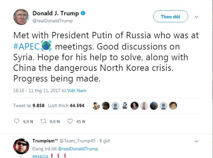Ông Trump lên Twitter hé lộ bí mật cuộc gặp Tổng thống Putin tại Việt Nam