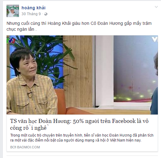 Doanh nhân Hoàng Khai chế giễu TS Đoàn Hương vì phát ngôn 50% trên Facebook là vô công rồi nghề