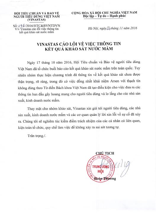 Văn bản xin lỗi của Vinastas phát đi hôm 28/11