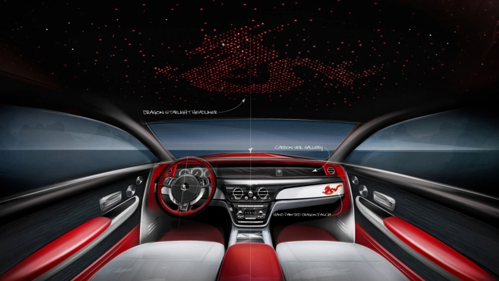 Nội thất của Rolls-Royce 2024 có bảng điều khiển hình rồng vẽ tay, đường chỉ khâu màu đỏ Phoenix và hệ thống ánh sáng hình rồng trên trần xe.
