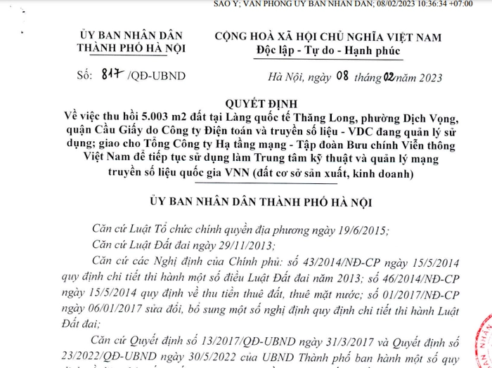 Quyết định 817/QĐ-UBND về việc thu hồi hơn 5.003m2 &ldquo;đất v&agrave;ng&rdquo; tại L&agrave;ng quốc tế Thăng Long