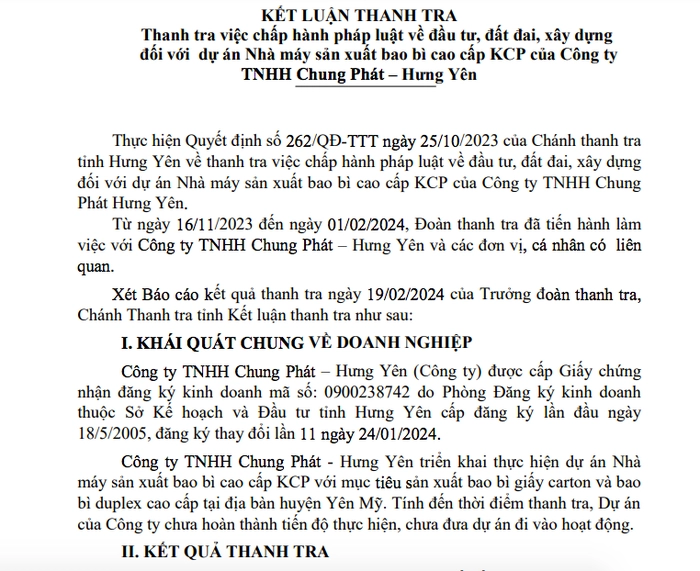 Kết luận của Thanh tra tỉnh Hưng Yên đối với dự án Nhà máy sản xuất bao bì cao cấp KCP của Công ty TNHH Chung Phát – Hưng Yên. 