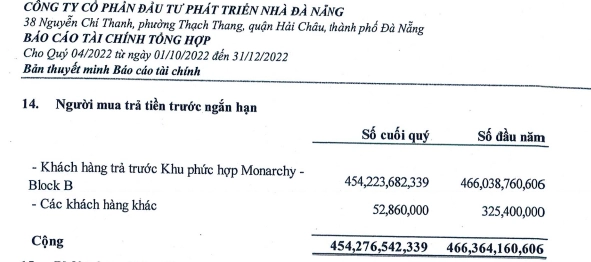 Người mua ngắn hạn đ&atilde; trả tiền trước cho NDN tại khu phức hợp Monarchy -&nbsp; BLock B với 454 tỷ đồng.&nbsp;